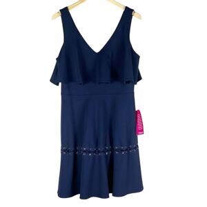 NWT Belle Badgley Mischka Dress Womens 12 Navy Ruffle Flounce Lace-Up Event